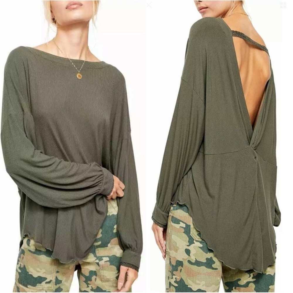 Free People Olive Open-Back Long Sleeve Top